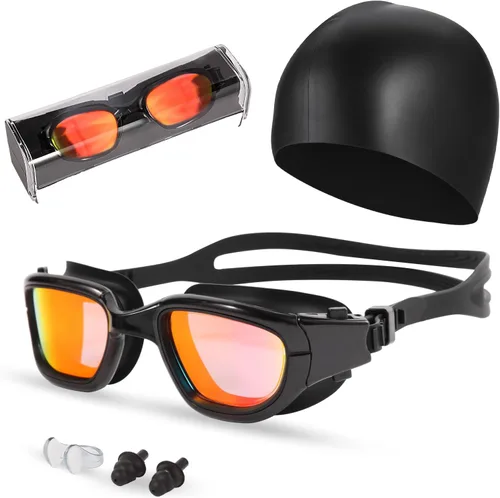 Miniatura 10 de Gafas de natación, gafas para adultos con gorro de natación, clip de nariz y tapones para los oídos, protección UV, lente antivaho y funda