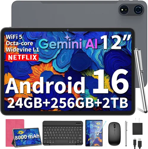 YLEEBG Tablet grande de 12 pulgadas 2026, Android 16 con teclado, 24 GB+256 GB+2 TB expandir, tabletas PC con 2K Gemini AI, 8000 mAh, Octa-Core, Rosa