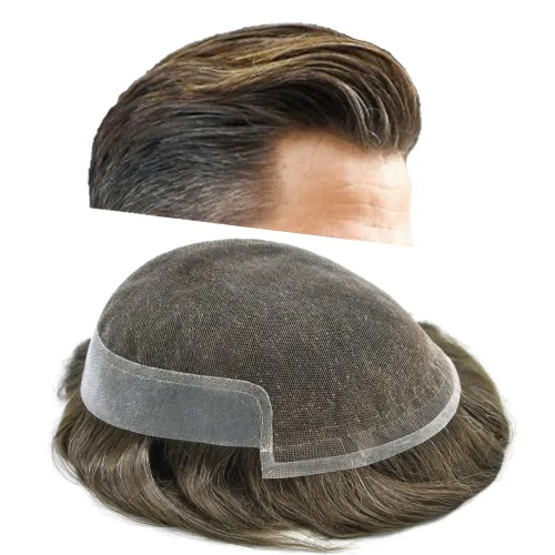 Miniatura 151 de Sistema de repuesto de cabello humano europeo con encaje frontal suizo para hombre, tupé para hombre, pieza de cabello, nudo blanqueado, línea #17