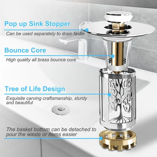 Miniatura 6 de BAOLSLS Tapón de drenaje para lavabo de baño, colador de drenaje para lavabo de baño con cesta recolectora de cabello emergente y extraíble