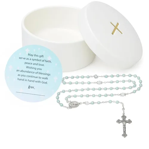 Regalos de bautismo para niños, rosario azul con caja de recuerdo de cerámica y tarjeta, regalo de comunión católica, cuentas de rosario de bautizo