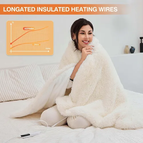 Miniatura 5 de Manta Eléctrica, Suave Manta Térmica de Piel Sintética de Conejo Burbuja con Control Dual, 6 Niveles de Calefacción y 4 Horas de Apagado Automático