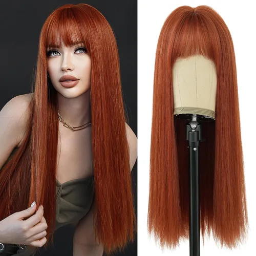 Miniatura 22 de 7JHH WIGS - Peluca de cabello sintético largo y liso con flequillo para mujer, aspecto natural (22 pulgadas, té negro)