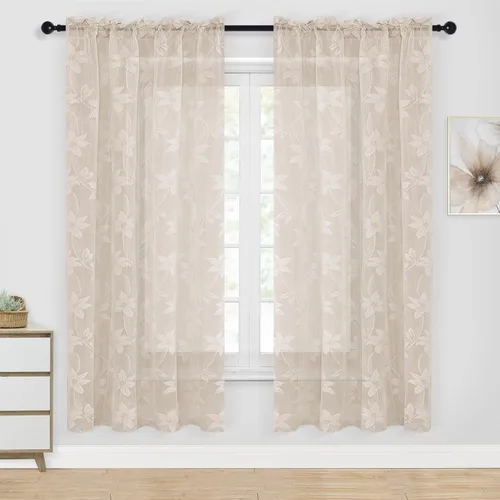 Miniatura 30 de DWCN Paquete de 2 cenefas de encaje floral para cocina, 52 x 18 pulgadas, con bolsillo para barra, cortina de gasa para ventana pequeña, cocina