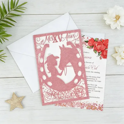 Miniatura 15 de 50 piezas de tarjetas de invitación de quinceañera con purpurina, invitación para fiesta de los 15 años, purpurina de caballo, DIY, tarjetas de boda