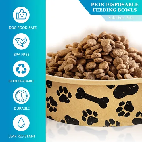 Miniatura 3 de Whaline 50 cuencos desechables para mascotas de 16 onzas, papel kraft para perros y gatos, pequeños cuencos de comida con diseño de huella de pata