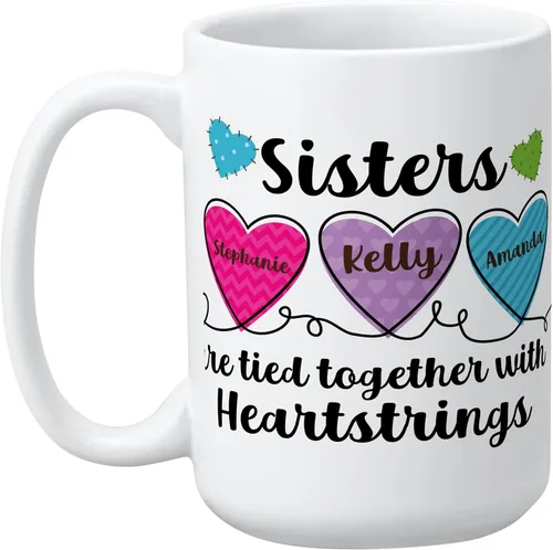 Let's Make Memories Taza personalizada para hermanas – Taza de café personalizada – Heartstrings – 2–6 nombres – Mango blanco – 15 oz Sisters