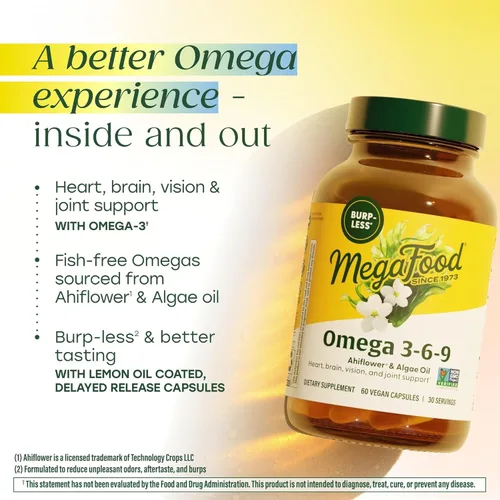 Miniatura 3 de MegaFood Suplemento vegano Omega 3 6 9 sin eructos - 600 mg de Omega 3 a base de plantas y 150 mg de DHA por porción - Soporte para corazón