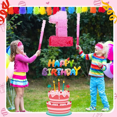 Miniatura 4 de Sratte Piñata con números de piñata rosa, decoraciones de cumpleaños, degradado con palo, confeti para niñas y niños, suministros de decoración