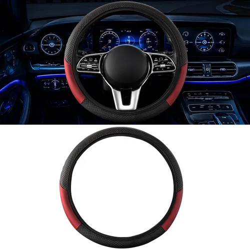 Miniatura 10 de Funda para volante de automóvil, microfibra de fibra de carbono de 15 pulgadas, antideslizante, transpirable, protector elástico para volante