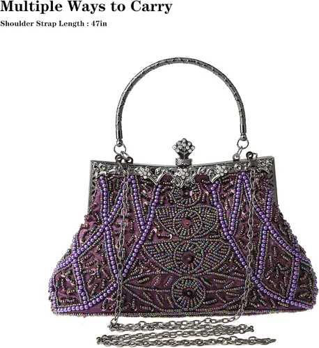 Miniatura 7 de DA BODAN Bolso de noche para mujer estilo vintage con cuentas y lentejuelas y perlas bolso de hombro para boda novia fiesta de graduación