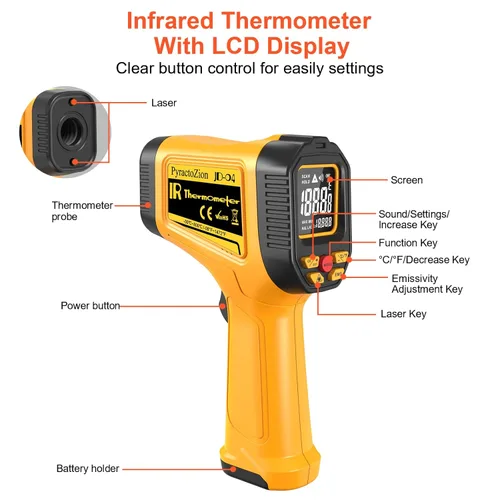 Miniatura 6 de Pistola de termómetro infrarrojo de -58°F a 1472°F con pantalla retroiluminada, pistola de temperatura de termómetro láser con emisividad ajustable