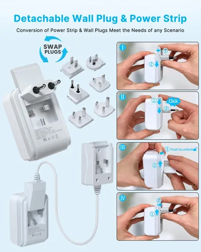 Miniatura 2 de VINTAR Kit de adaptador de viaje universal, cable de extensión desmontable de 1.5 metros con 2 tomas de CA y 3 USB (2 USB C), adaptador de corriente
