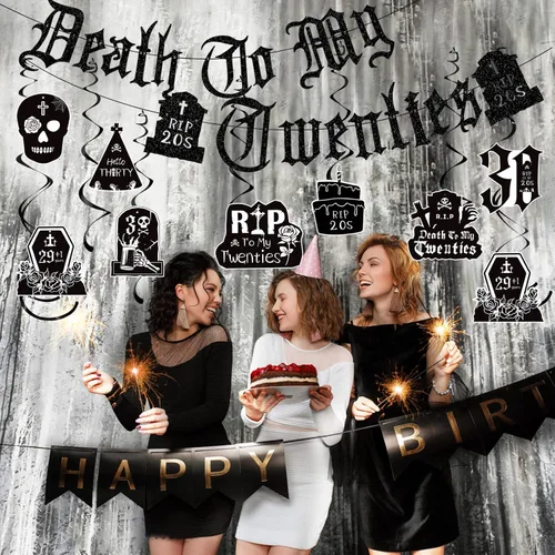 Miniatura 5 de Decoraciones de Death to My 20 – 14 piezas negras para decoración de fiesta de cumpleaños de 30 años, pancarta colgante de remolinos rasgados a mis