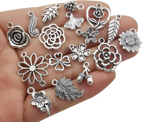 Miniatura 3 de Youdiyla Colección de 100 dijes de flores de árbol de plata, mini dijes pequeños de metal, suministros para manualidades para collar y pulsera