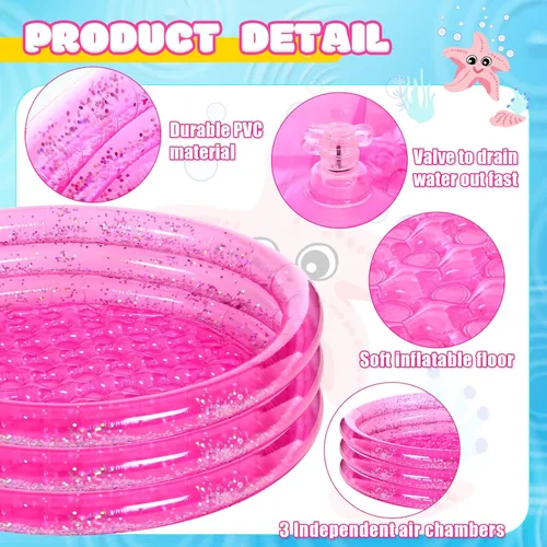 Miniatura 2 de Arrowbash Paquete de 2 piscinas inflables rosas, diseño redondo de 3 anillos de 47 pulgadas con purpurina plateada y parte inferior acolchada, fácil