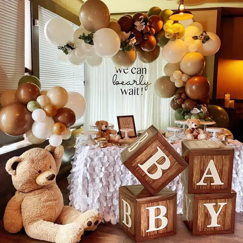 Miniatura 5 de Cajas de exhibición para baby shower con impresión de veta de madera para decoraciones de fiesta, telón de fondo neutro para fiesta de revelación