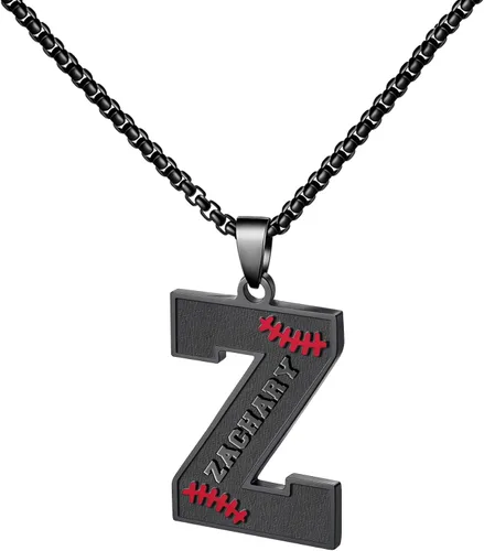 Miniatura 77 de Ldurian Collar personalizado con nombre de béisbol, cadena negra de acero inoxidable, collar con nombre deportivo, letra A-Z de 24 pulgadas, regalos