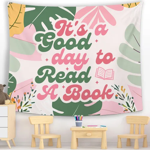 Miniatura 15 de MNASAIOO Tapiz de pared para colgar en el aula con texto en inglés "It's A Good Day to Read A Book", tapiz de pared para niños, amantes