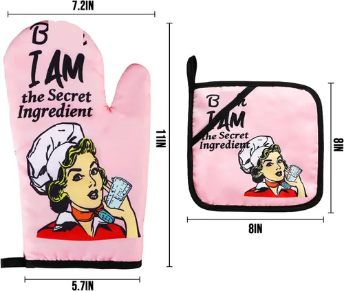 Miniatura 4 de Juegos de guantes de horno divertidos y soportes para ollas antideslizantes para cocinar, barbacoa, parrilla con acolchado, guantes resistentes al