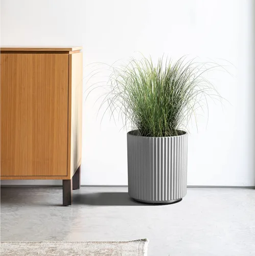 Miniatura 5 de Veradek Serie Demi Maceta redonda para porche, patio, jardín trasero Material duradero de plástico-hormigón Decoración moderna para plantas Gris