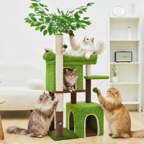 Miniatura 6 de Woochpet Árbol para gatos de 60 pulgadas con poste rascador para gatos en forma de árbol con 2 casas grandes para gatos y cama de percha superior
