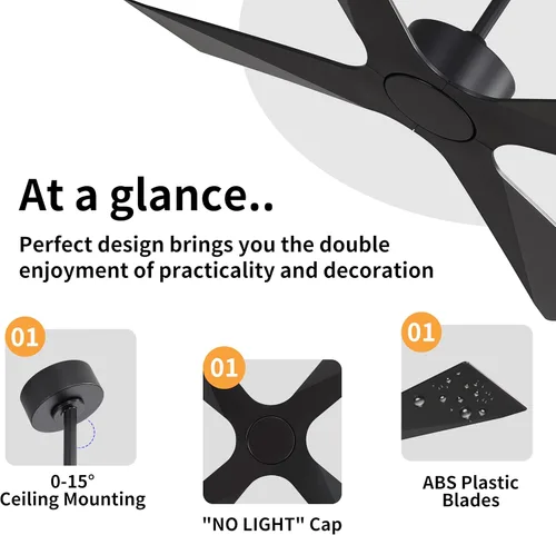 Miniatura 6 de WINGBO Ventilador de techo para exteriores de 54 pulgadas sin luces, 4 cuchillas de plástico ABS, motor CC reversible, control remoto de 6 Negro