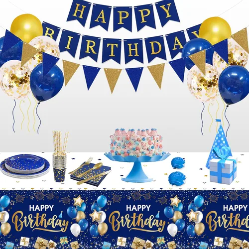 Miniatura 7 de DUAIAI Decoraciones de feliz cumpleaños, 3 manteles de cumpleaños azul marino y dorado para niños, niñas, hombres y mujeres, funda de mesa