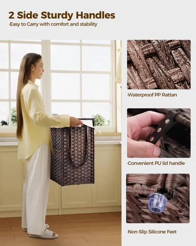 Miniatura 105 de GREENSTELL Cesta para ropa sucia con ruedas y tapa, 130 L, cesta grande de 3 secciones con 2 tipos de bolsas de forro extraíbles, 5 bolsas de malla