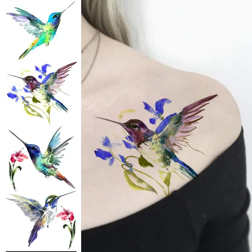 Miniatura 9 de 15 hojas de tatuajes temporales de colibrí de acuarela 3D de FANRUI para mujeres y niñas, pequeño, multicolor, colibrí, tatuaje, temporal, colorido