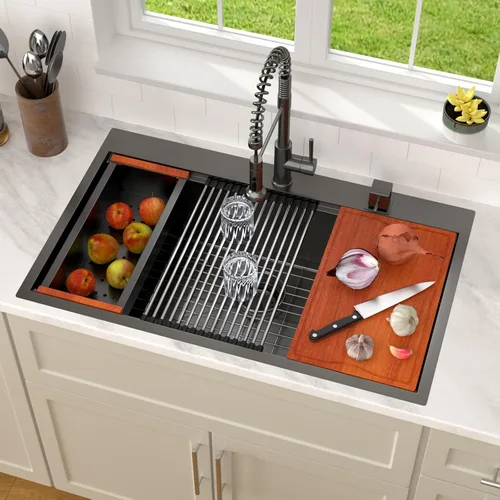 Miniatura 19 de Dcolora 33x22 Fregadero de cocina de acero inoxidable de 16 calibres, estación de trabajo de caída, fregadero de cuenco único grande, montaje