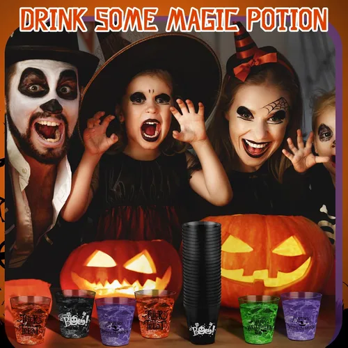 Miniatura 5 de Sunnyray 48 vasos de chupito de plástico para Halloween a granel de 2 onzas de plástico duro transparente, vasos desechables coloridos de sabor