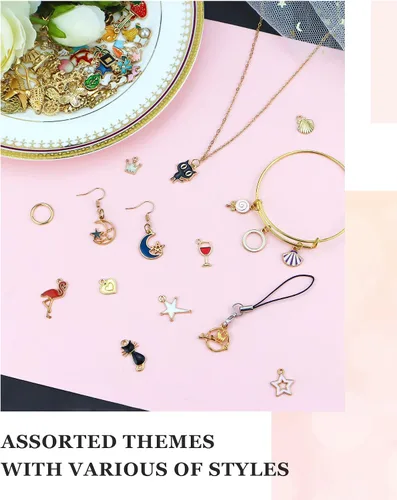 Miniatura 6 de JIALEEY 110 dijes esmaltados chapados en oro surtidos para hacer joyas, collares, pulseras, suministros de manualidades, Zinc, Aleación.