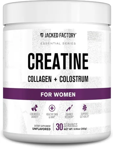 Jacked Factory Creatina para mujer – Monohidrato de creatina con colágeno + calostro para apoyar el rendimiento del entrenamiento, crecimiento