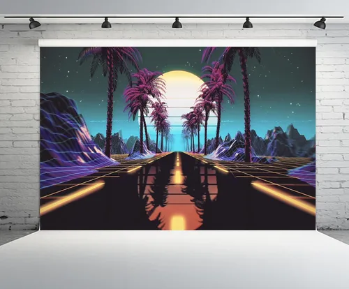 Miniatura 2 de 5x3ft Retro Futuristic 80s Backdrop Retrowave Neon Lights Road Tropical Trees Mountain Sun Starry Sky Background Cyberpunk Video Game Punk Birthday