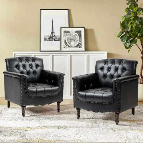 Miniatura 14 de Pia Ricco Silla decorativa moderna copetuda, sillón individual de piel sintética con ribete de cabeza de clavo y patas de madera, cómodo asiento
