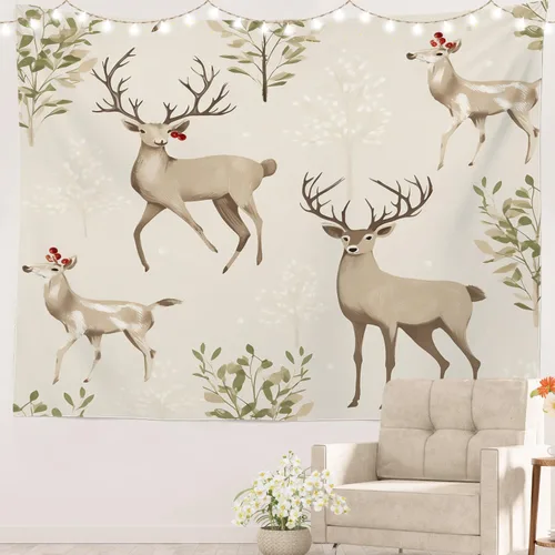 Batmerry Tapiz navideño de ciervos de invierno, ramas de alces beige vintage, decoración para colgar, fibra de poliéster, con volantes blancos, para