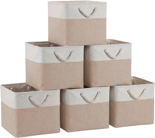 Miniatura 9 de Cubos de almacenamiento de 11 x 11 pulgadas, paquete de 6 cubos de almacenamiento plegables grandes de tela con cuerdas, cubos de almacenamiento
