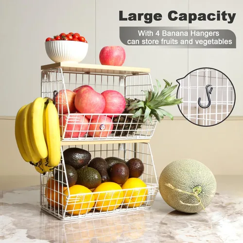 Miniatura 3 de Mefirt Cesta de frutas, frutero de 2 niveles para encimera de cocina, almacenamiento de frutas apilable montado en la pared, organizador de Marrón