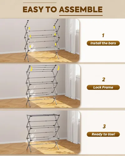 Miniatura 5 de KINGBOARD Tendedero de secado de ropa plegable con 11 postes, estante de secado de lavandería de 3 niveles, estante de secado de ropa pequeño