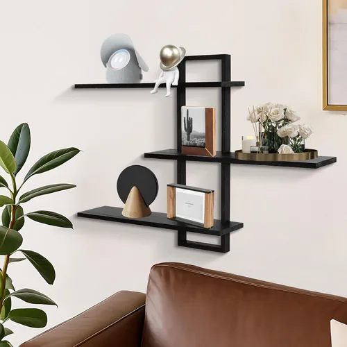 Miniatura 4 de PHOENANCEE Estantes de pared de 3 niveles, estante flotante decorativo para pared, estante de fotos de plantas, estantes de madera para sala de Negro
