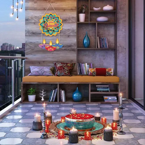 Miniatura 4 de LHIUEM Diwali - Letreros de madera de Happy Diwali para decoración de pared, juego de 2 (10 x 20 pulgadas), decoración de loto, pancarta india Happy