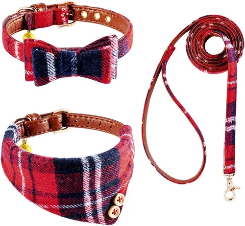 Miniatura 37 de EXPAWLORER Juego de collar y correa para perro - Corbata de moño clásica a cuadros para perro y collar bandana para perro con campana, correa