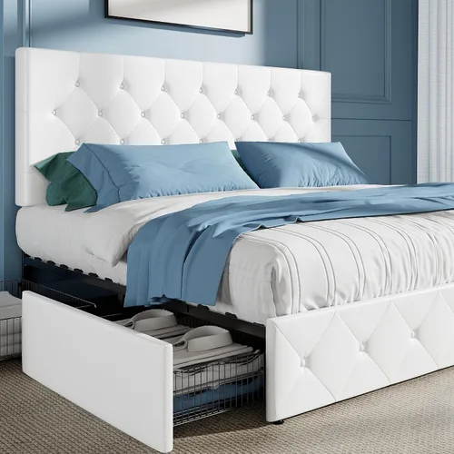 Miniatura 9 de HOOMIC Base de cama de almacenamiento de plataforma de tamaño matrimonial con 4 cajones y cabecera ajustable, listones de madera, no necesita Gris