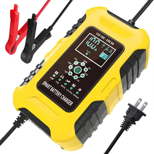 Cargador rápido de batería de coche de 12 V/24 V y 10 amperios para baterías húmedas/GEL/SLA/LiFePO4/plomo-ácido/AGM, cargador de batería