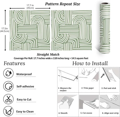 Miniatura 8 de VEELIKE Papel tapiz geométrico verde salvia para despegar y pegar, papel tapiz geométrico abstracto bohemio para dormitorio, baño, pared decorativa