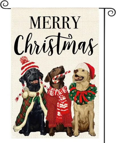 AVOIN colorlife Bandera de jardín de perro con corona de sombrero de Feliz Navidad, 12 x 18 pulgadas, doble cara, bandera decorativa de Navidad para