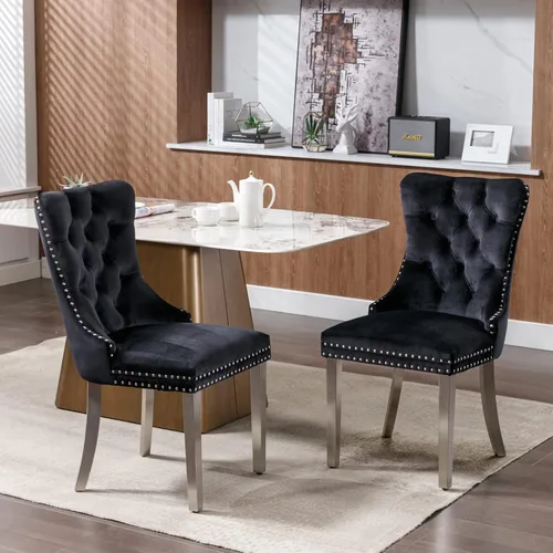 Miniatura 19 de Juego de 2 sillas de comedor de terciopelo, sillas decorativas tapizadas con patas de metal plateado, ribete de cabeza de clavo, tirador de anillo