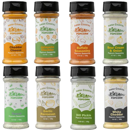 Miniatura 14 de Amish Country Popcorn Paquete variado de condimentos Queso cheddar – 5.1 oz y queso cheddar blanco – Condimento de palomitas de maíz de 3.8 onzas