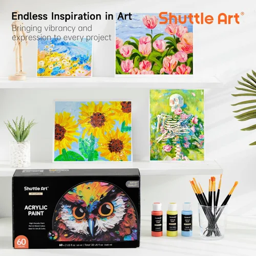 Miniatura 8 de Juego de pintura acrílica de 72 piezas, Shuttle Art 60 colores de pintura acrílica incluyendo blanco extra, negro y 12 pinceles, 2 oz/60 ml, Regular